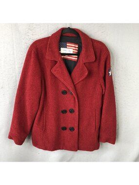 Tasha Polizzi Coat Womens M Red Fleece Pea Coat Nautical Anchor USA Patriotic
